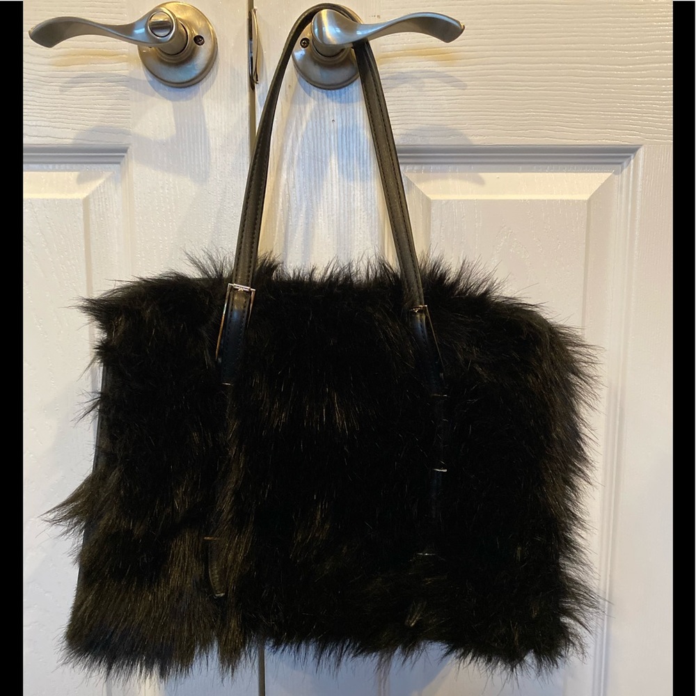 NWOT IMNY Black FURRY Handbag Gold Accents.
